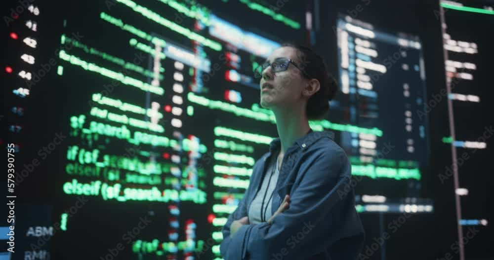 Portrait of Young Woman Looking at Big Digital Screens Glitching While Displaying Code Lines. Worried Professional Programmer Trying to Fix a Bug, Dealing with Crashing System, Thinking of Solutions Portrait of Young Woman Looking at Big Digital Screens Glitching While Displaying Code Lines. Worried Professional Programmer Trying to Fix a Bug, Dealing with Crashing System, Thinking of Solutions