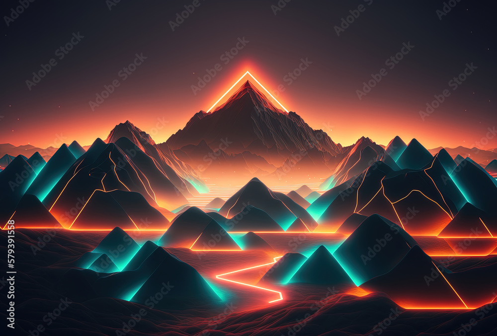A futuristic landscape, low-polygon mountains illuminated by neon light on a gradient background. Immersion in a surreal digital virtual cyber world. 3D rendering. AI generated.