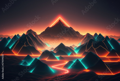 A futuristic landscape  low-polygon mountains illuminated by neon light on a gradient background. Immersion in a surreal digital virtual cyber world. 3D rendering. AI generated.