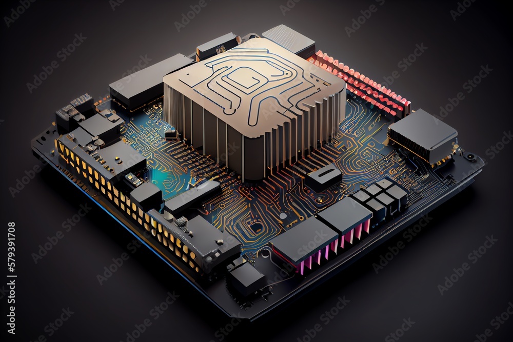 diagram of brain of artificial intelligence with a computing processor and boards with chips. Generative AI diagram of brain of artificial intelligence with a computing processor and boards with chips. Generative AI