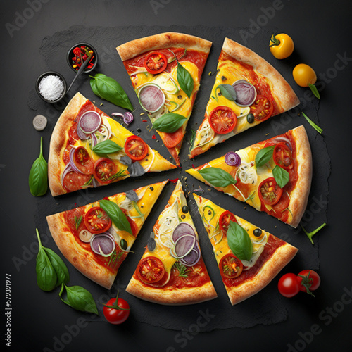 Fresh pizza , on black stone background, generative AI 