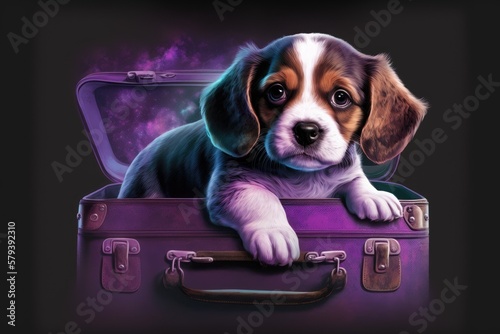 Illustration of a puppy dog in travel portrait above a luggage. separated from the background; colored purple. Generative AI