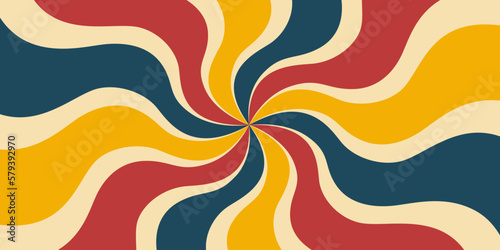 Groovy 70s, 60s background with twisted sunburst. Vector illustration