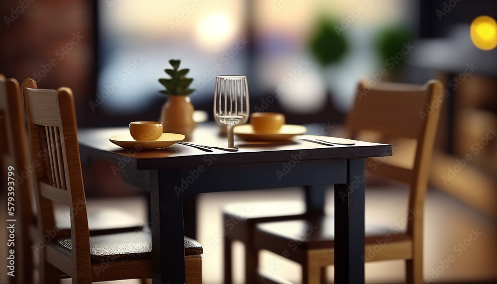 Blurred and unfocused restaurant table setting with cutlery background, Generative AI