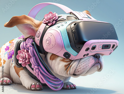 Fashionable bulldog wearing VR headset in fairy kei style.