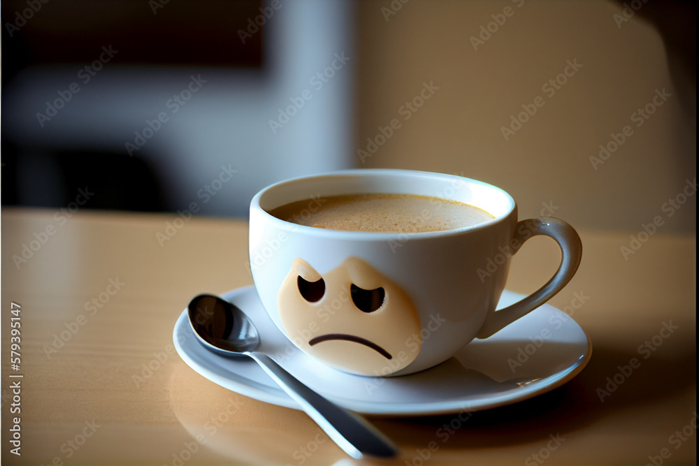 A cup of freshly brewed coffee with a depressed and sad face. A cup of freshly brewed coffee with a depressed and sad face.