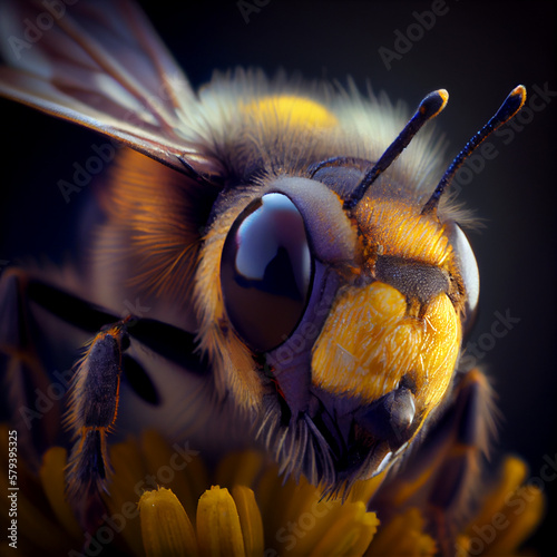 Bee and honeycombs, close-up view. Collection of nectar concept. bee macro. Mirror surface.