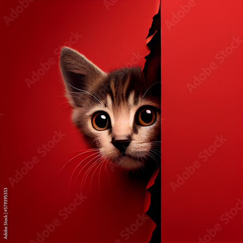 A funny, frightened, curious cat peeks out from around the corner. Red wall. photo