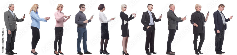 group of people profile holding phone in hand isolated