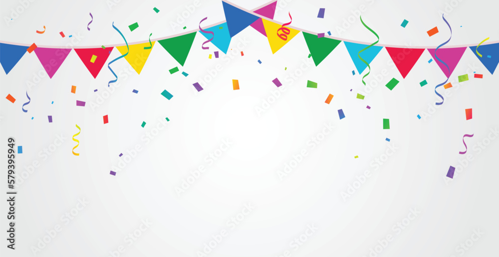 Many Falling Colorful Party Flags With Tiny Confetti And Ribbon On White Background. Celebration Event. Multicolored. Vector Many Falling Colorful Party Flags With Tiny Confetti And Ribbon On White Background. Celebration Event. Multicolored. Vector
