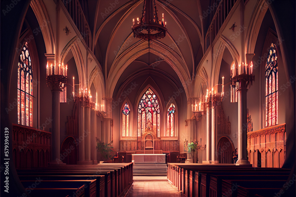 Church interior. Daylight comes in through large stained glass windows.