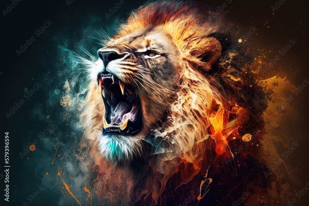 Art illustration of roaring lion head on artistic background