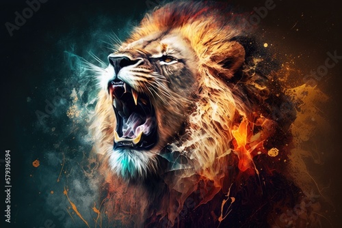 Art illustration of roaring lion head on artistic background. Generative AI.