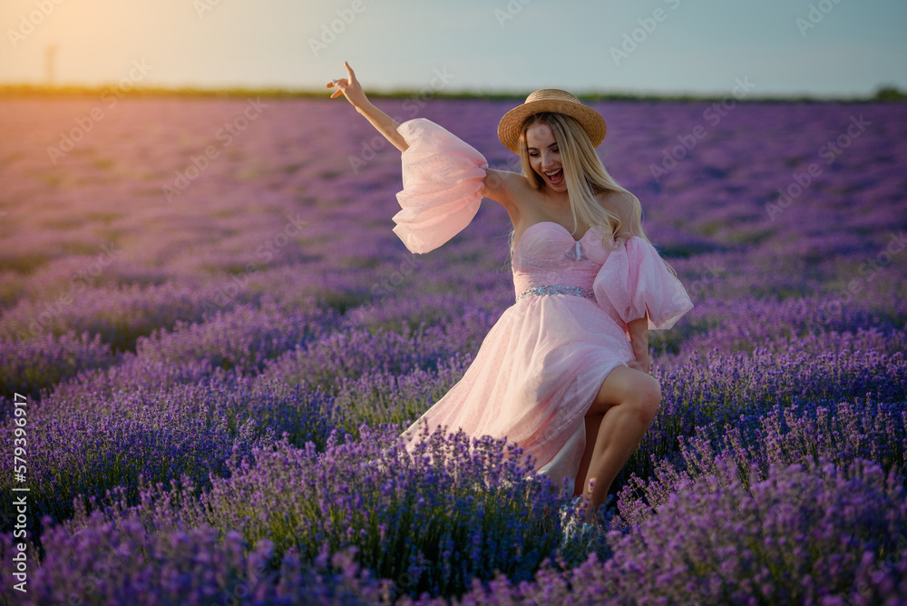 custom made wallpaper toronto digitalPortrait of a young beautiful happy smiling woman in a pink dress and a hat  walking in the lavender field