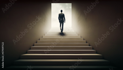 Businessman step up on stair forward to goal and success concept, AI generative