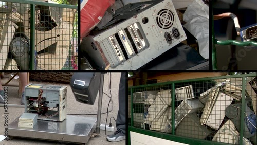 Throwing away electronic waste, man putting old obsolete pc components into a box closing it and taking it away, electro trash recycling, old computer parts trashing, eco safe electronics disposal.
