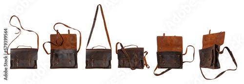 Brown leather men's bag, briefcase isolated on white background. Cut out object, document suitcase, business, shoulder bag, vintage backpack. Fashion, style, accessory mockup