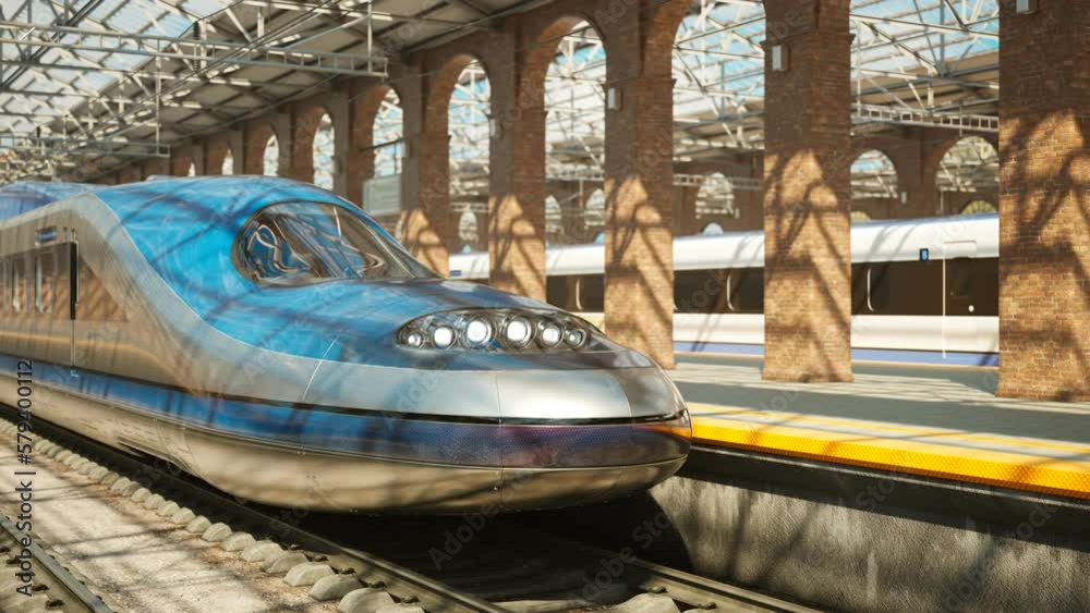Presentation of modern high-speed train at the classic station. Daylight.