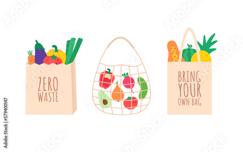 Recyclable eco bags for grocery shopping. Shopper, string bag and paper bag with vegetables and fruits isolated on white background.