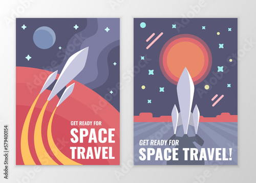 Retro vintage space poster. Illustrations of beautiful rockets on a space background.