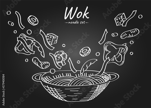 Hand drawn illustration of colorful flying noodles with pieces of chicken and vegetables in a wok pan in outline style.