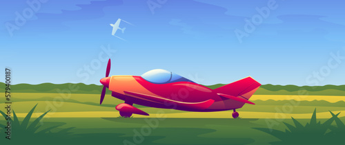 Cartoon aircraft transport summer illustration on meadows background. Colorful realistic airplane side view.