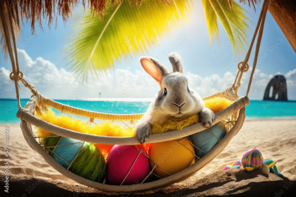 Osterhase macht Urlaub in der Hängematte auf einer Insel unter Palmen ...
