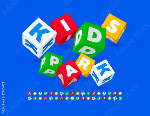 Vector playful sign Kids Park. 3D colorful Font. Funny set of cubic Alphabet Letters, Numbers and Symbols