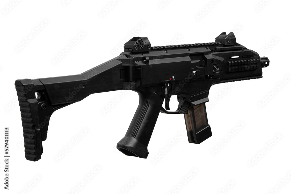 A modern automatic carbine chambered for 9mm pistol caliber. Weapons for the police, army and special units. Isolate on a white back.
