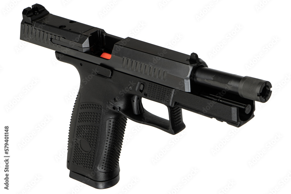 Modern semi-automatic pistol isolate on a white back. Armament for the army and police. Short-barreled weapon