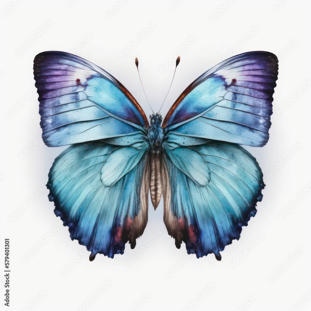 Obraz premium Beautiful blue butterfly, top view. Watercolor illustration of a blue butterfly isolated on white background. Generative AI art.