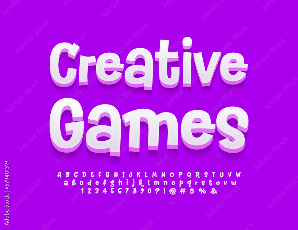Vector Funny Emblem Creative Games. White Handwritten 3D Font. Playful style Alphabet Letters and Numbers