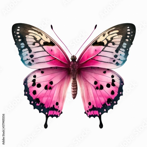 Beautiful pink butterfly, top view. Watercolor illustration of a pink butterfly isolated on white background. Generative AI art.