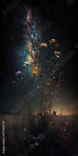 Stars made from dust over colorful flowers in plains. Generative ai © Artworker