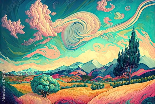 A dynamic and energetic view of the plains, with bold, swirling patterns and a rich, vibrant color scheme inspired by the work of Vincent van Gogh and Wassily Kandinsky photo