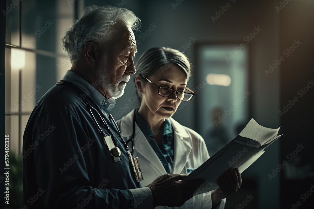 Fototapeta premium Doctors discussing about patient's medical history in the hospital, Generative AI