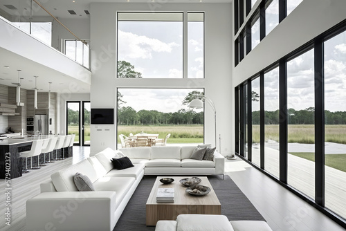 Modern minimalist design interior living room with high ceilings, AI generated © Nattawat