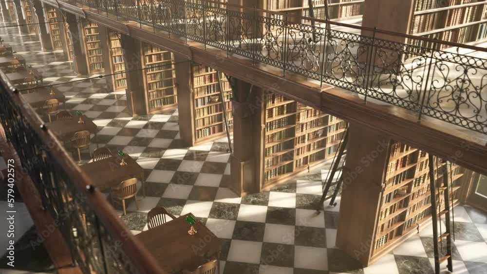 Beautiful looping vintage wooden library with checker marble floor. 4KHD