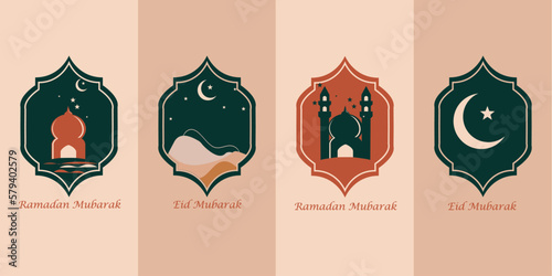 group collection of style Ramadan, Modern eid Mubarak for greeting cards design,islamic icon like moon,star, mosque