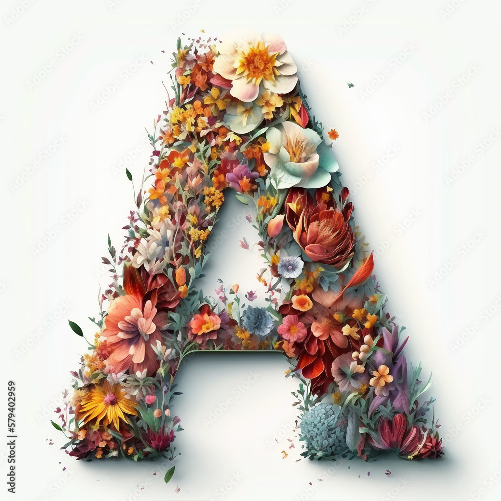 Letter A made of flowers and leaves. Flower font concept, created with generative AI