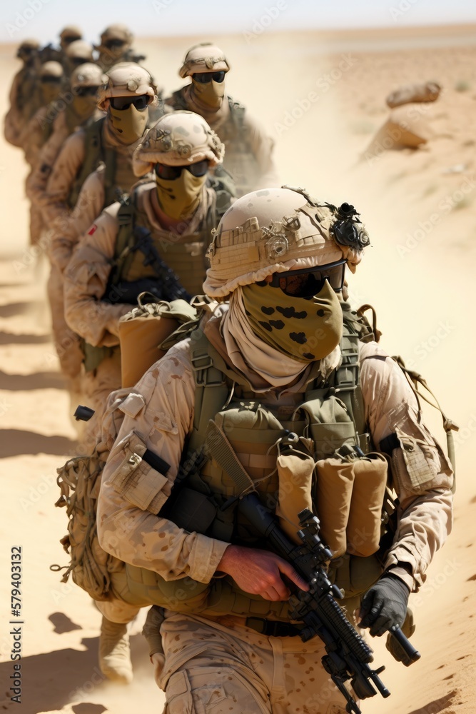 Obraz premium Soldiers squad with fully equipped and armed in a military operation in the scorching desert, generative AI
