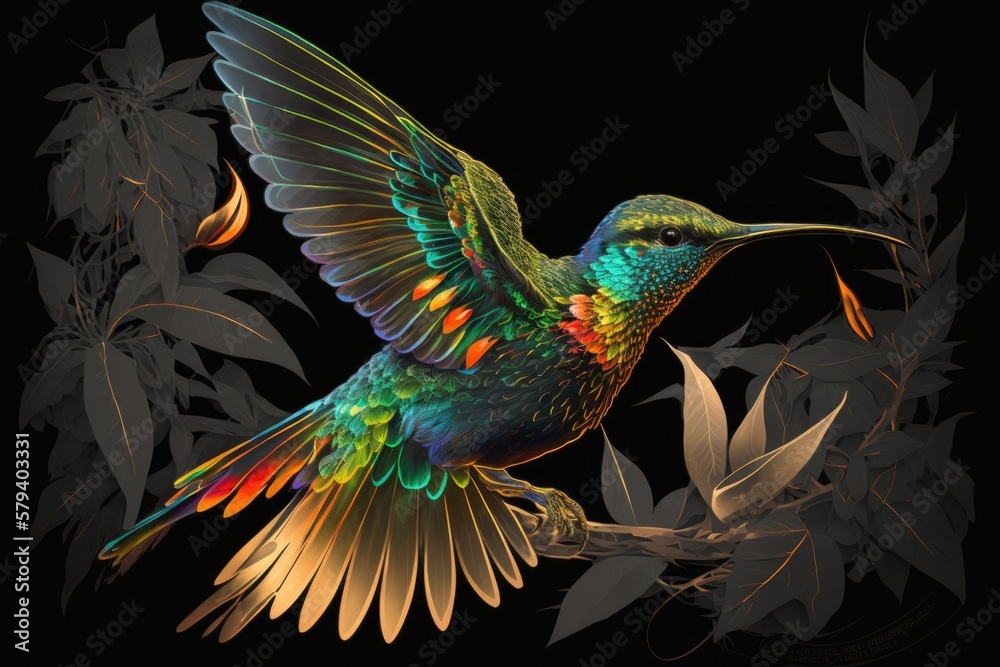 Obraz premium Glamorous and reflective Panterpe insignis, often known as the fiery throated hummingbird, is a brilliantly colored, swift flier. Scene of wild animals taking off from a tropical bush at night. Costa
