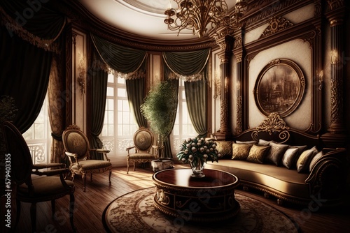 Luxury living room interior with high ceilings, ornate moldings, and large windows surrounded by opulence and extravagance furniture, AI generated