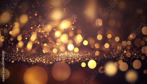 Abstract background of glitter lights, golden, de-focused, banner, AI generated