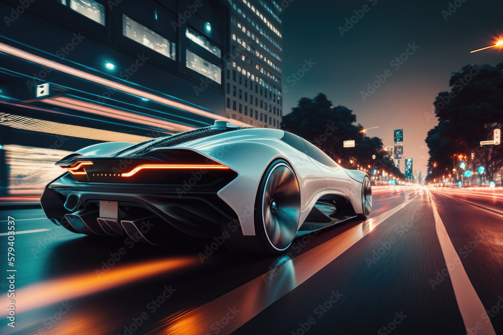 Ev car (Electric Vehicle), sleek and futuristic, gliding down a neon-lit city street. AI generated