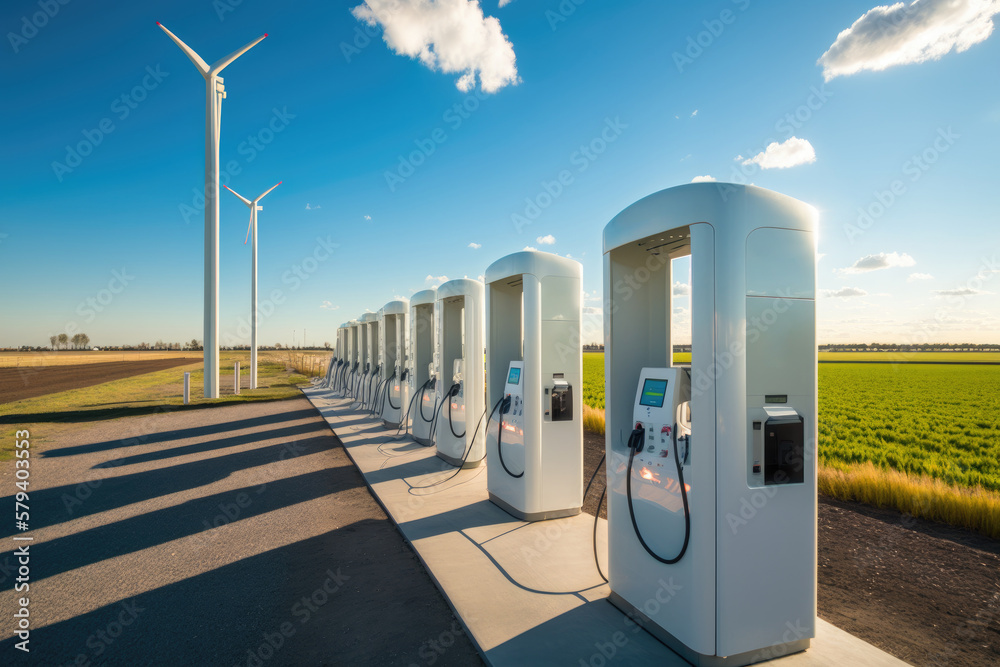 Field dotted with rows upon rows of windmills or wind turbine energy farms that stretch towards the sky with EV Charger wallbox station, Charging EV Car, Clean Energy, AI generated Field dotted with rows upon rows of windmills or wind turbine energy farms that stretch towards the sky with EV Charger wallbox station, Charging EV Car, Clean Energy, AI generated