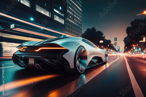 Ev car (Electric Vehicle), sleek and futuristic, gliding down a neon-lit city street. AI generated © Nattawat