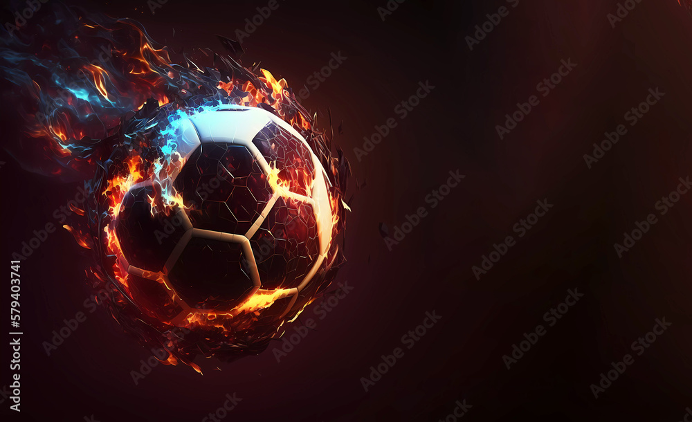 Fototapeta premium Soccer ball on fire. Banner. Copy space. generative AI