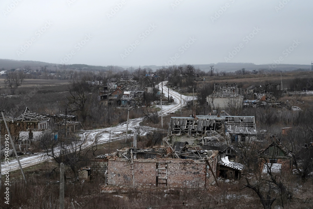 Part of a Ukrainian village destroyed by Russia's war against Ukraine. Donetsk region (concept: war in Ukraine)