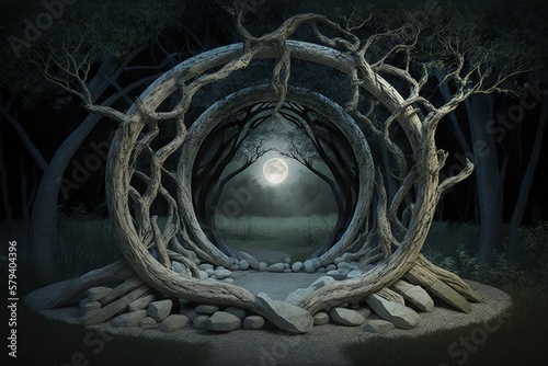 Magical portal with an arch of tree branches in the forest